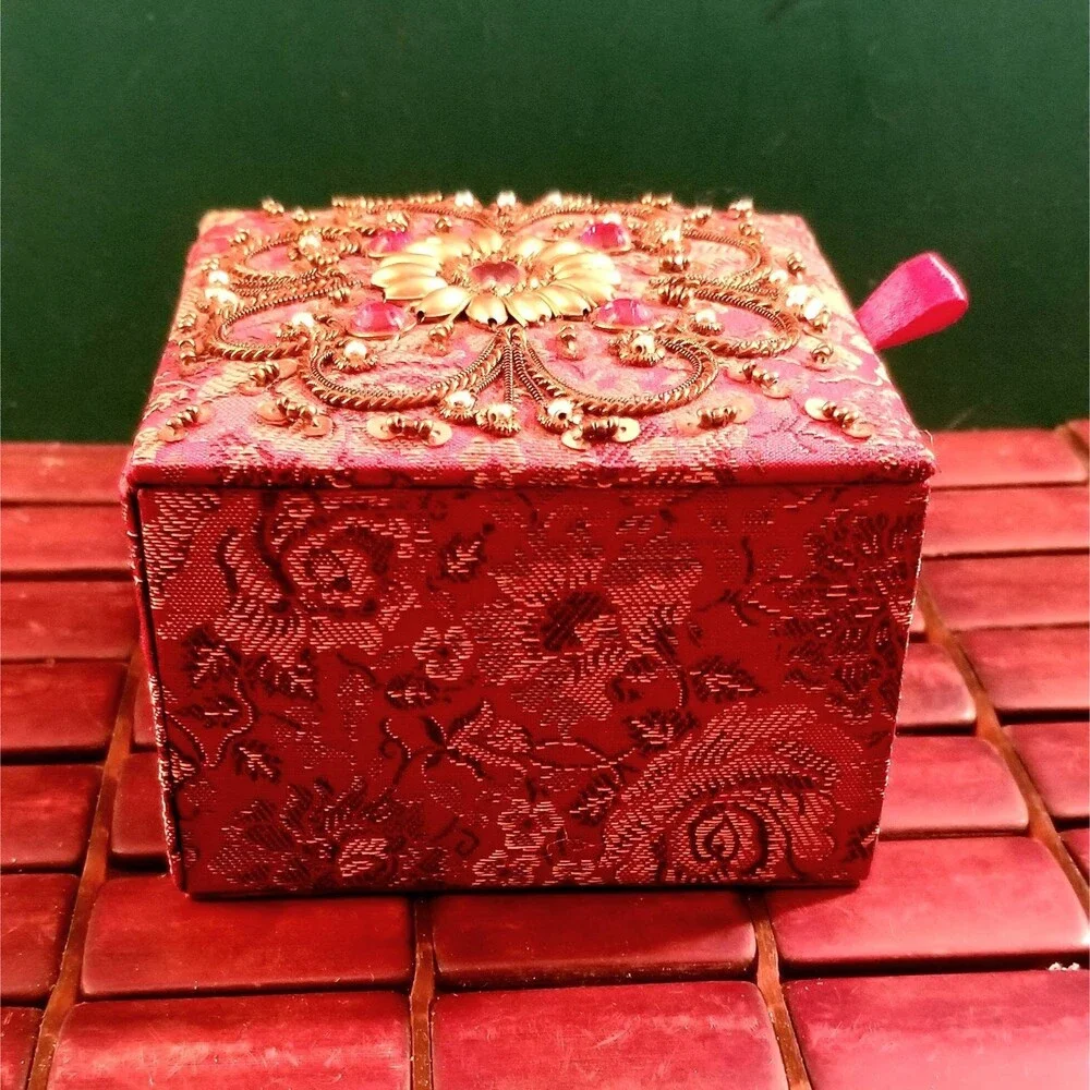 Jeweled & Embellished Red Silk Brocade Jewelry Trinket Box 4